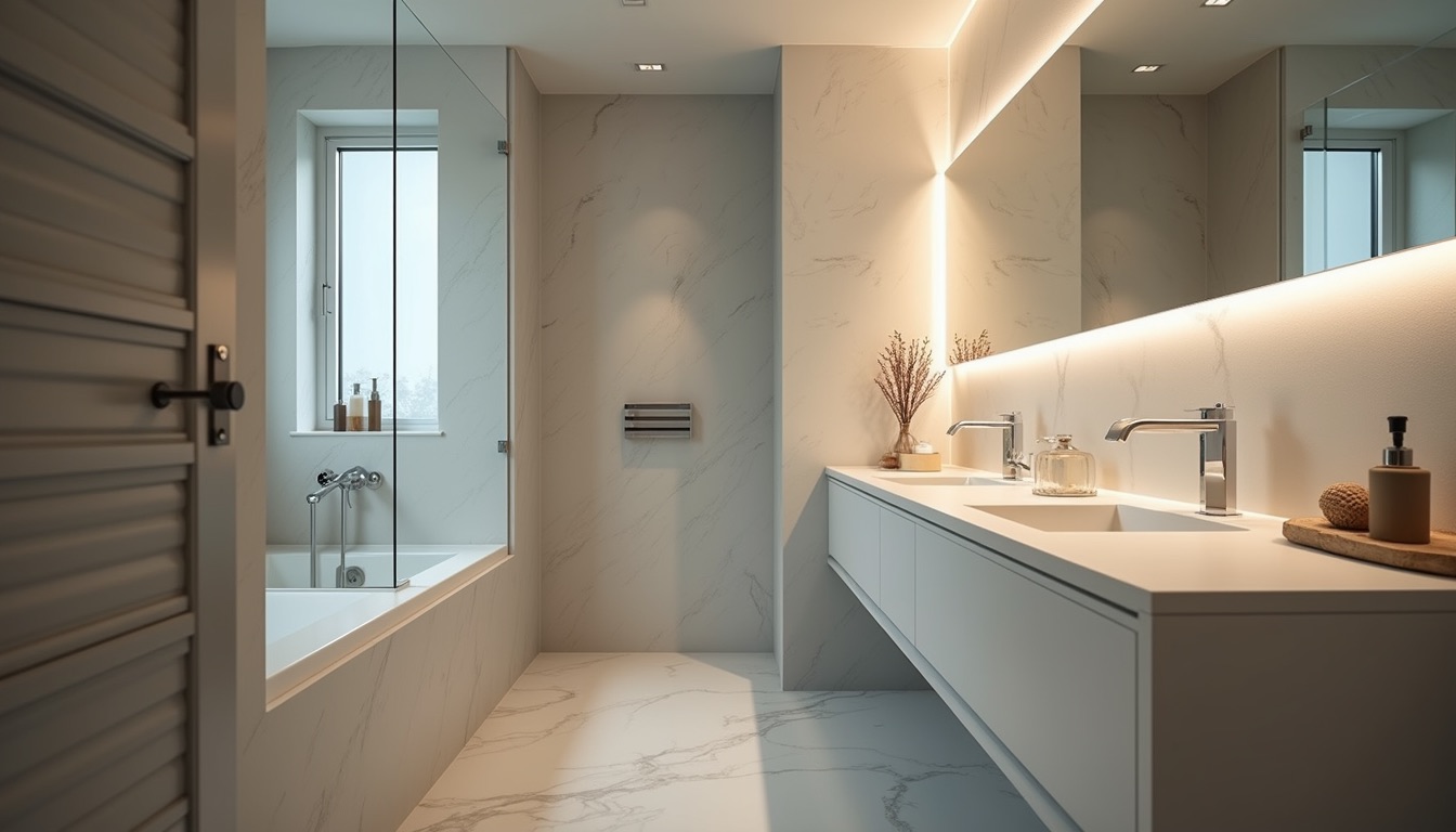 Eye-level view of a modern bathroom layout with fixtures and lighting