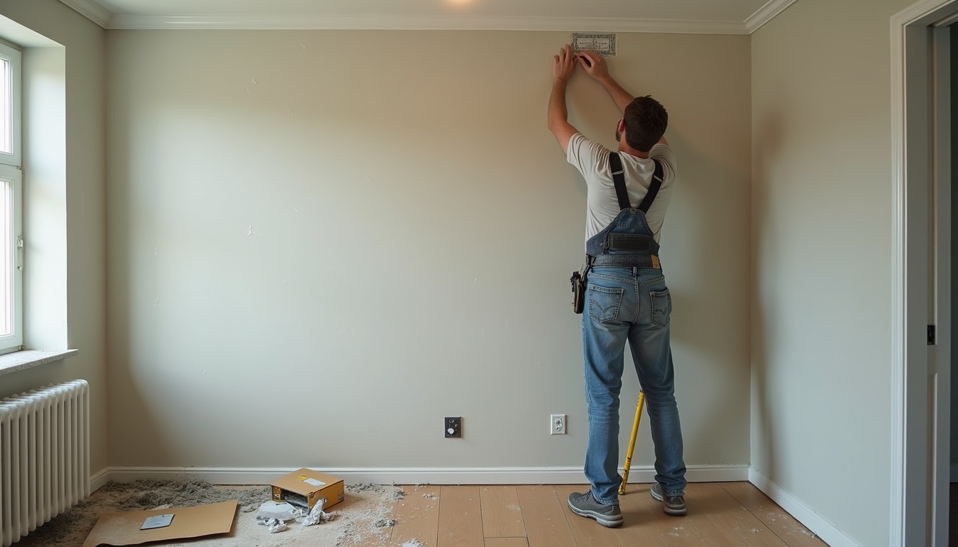 High angle view of a handyman repairing drywall in a residential interior