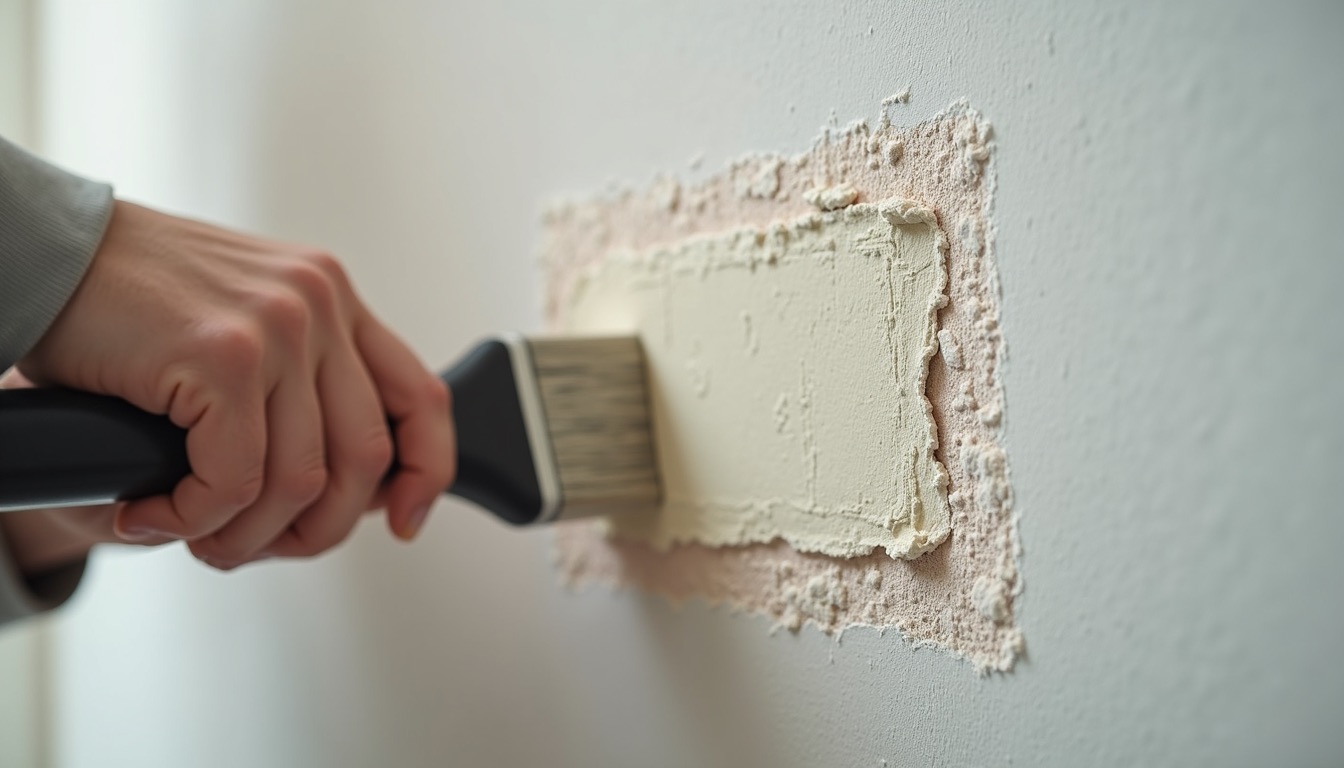 Close-up view of drywall patch being applied on a wall
