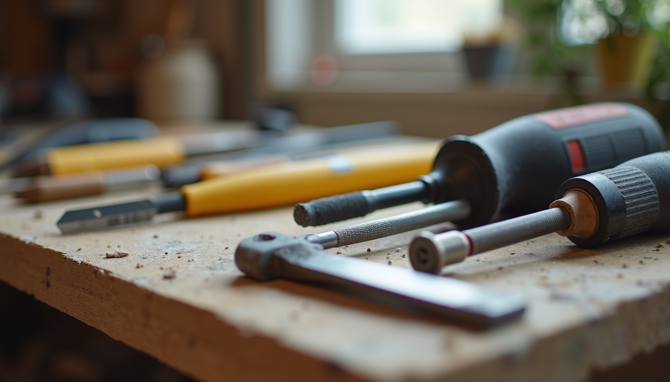 Eye-level view of drywall repair tools arranged on a workbench