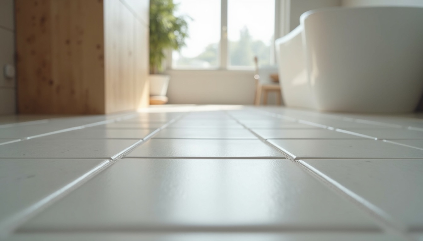 Eye-level view of a tiled bathroom floor with clean grout lines