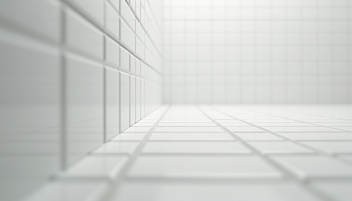 Close-up view of clean white bathroom tile and grout lines